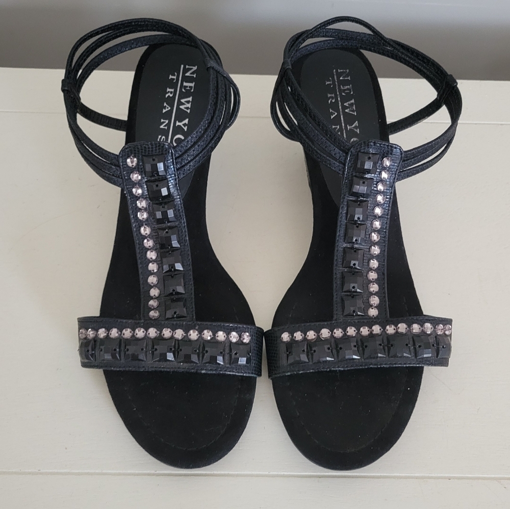 New York Transit Black Jeweled Sandals